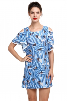 

Blue Butterfly Cold Shoulder Print Mini Dress, Multicolor