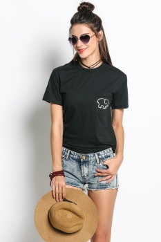 

Black Women O-Neck Short Sleeve Elephant Print Tank Tops T-Shirts, Multicolor