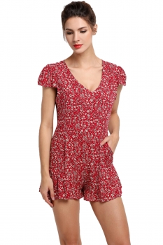 

Red V-Neck Cap Sleeve Floral Pocket High Waist Rompers, Multicolor