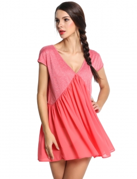 

Fashion Women V-Neck Short Sleeve Chiffon Backless Long Tunic Blouse Tops, Multicolor