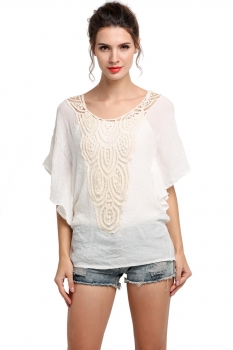 

White Women Casual Round Neck Batwing Sleeve Lace Patchwork Tank Tops Shirts & Blouses, Multicolor