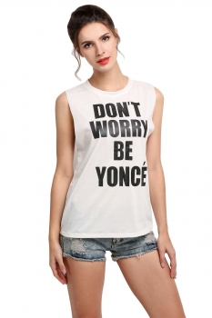 

White Women Casual O-Neck Sleeveless Letter Print Tops Vests Tanks & Camis, Multicolor