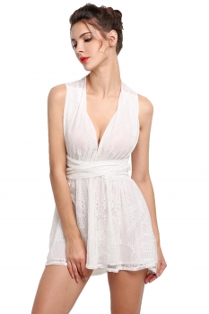 

Women V-Neck Sleeveless Backless Bandage Lace Mini Dress, Multicolor