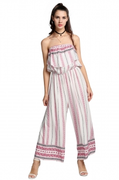 

Red Ruffles Strapless Loose Printed Wide Leg Jumpsuit, Multicolor