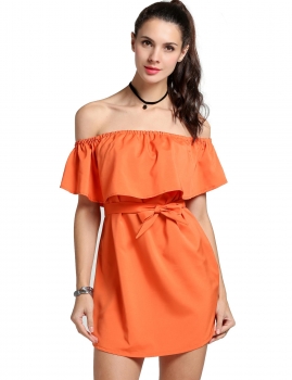 

Orange Off The Shoulder Ruffles Solid Dress with Belt, Multicolor