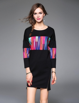 

ZERACO Round Neck Long Sleeve Drop Shoulder Geometric Patchwork Short Dress, Multicolor