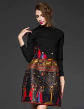 

ZERACO Long Sleeve High Waist Print Patchwork A-Line Short Dress, Multicolor