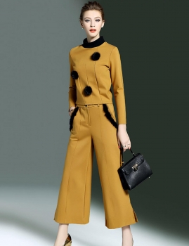 

CYANINE SEA Women Slim Stand Collar Long Sleeve Top and Culottes Wide Leg Pants Set, Multicolor