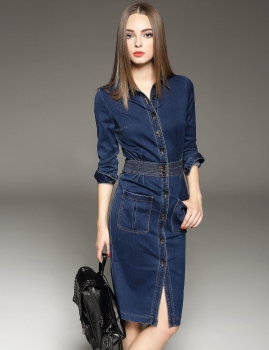 

ELENYUN Turn Down Collar Long Sleeve High Waist Solid Button Down Short Denim Dress, Multicolor