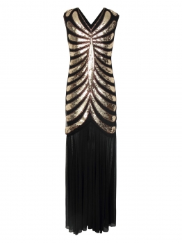 

Gold 1920s Vintage Style Sleeveless Sequin Embellished Pencil Maxi Flapper Party Dress, Multicolor
