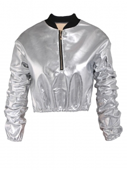 

Silver Casual Long Sleeve Shinny Cropped Pullover Sweatshirt Synthetic Leather Jacket, Multicolor