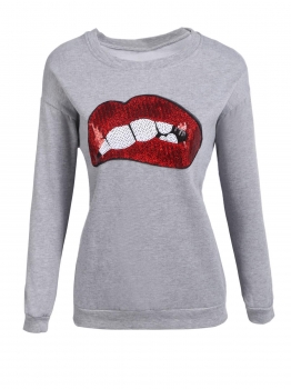 

Gray Women Casual Round Neck Long Sleeve Sequined Lips Pullover Sweatshirt, Multicolor