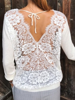 

White O-Neck Back Sheer Lace Patchwork T-Shirt Top, Multicolor