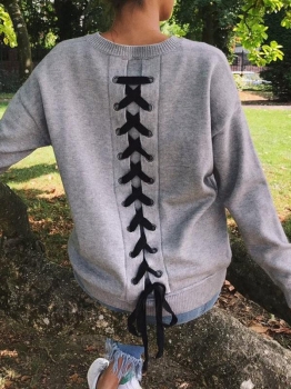 

Gray Round Neck Long Sleeve Back Lace-up Pullover Sweatshirt, Multicolor