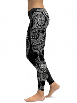 

Black Mid Waist Skull Printing Fitness Gym Yoga Elastic Leggings, Multicolor