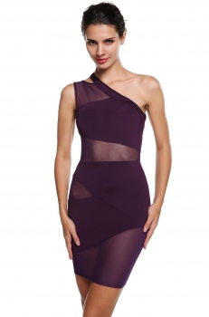

Purple One Shoulder Cut Out Mesh Mini Cocktail Going Out Dress, Multicolor
