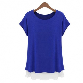 

Blue Women's Chiffon Edge Color Round Collar Short Sleeve Loose Tank Tops T-Shirts, Multicolor