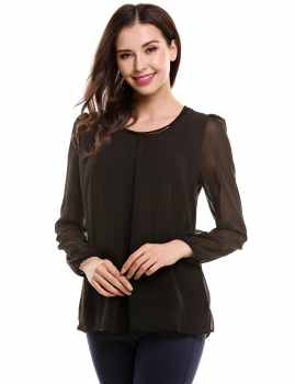 

Black Chiffon Pleated Long Sleeve Casual Pullover Career Shirts & Blouses, Multicolor