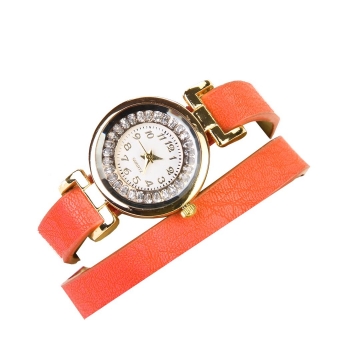 

New Top Sale Fashion Women Quartz Watches Retro Synthetic Leather Strap Vintage Watch Beads Bracelet Wristwatch, Orange