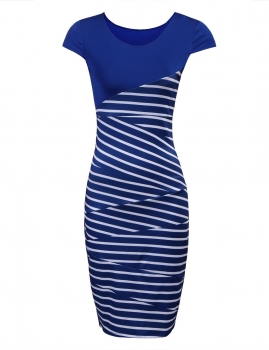 

Blue Sexy V neck short sleeve Striped Bodycon Dress, Multicolor