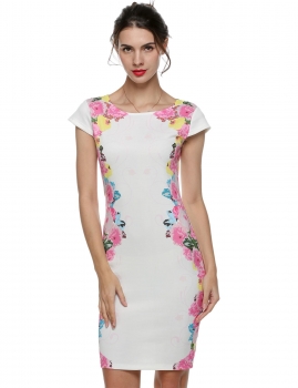 

White Cap Sleeve Flower Evening Clubwear Pencil Party Dress, Multicolor