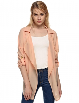 

Khaki Women Lapel Chiffon Asymmetrical Hem Trench Long Coats & Jackets, Multicolor