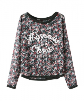 

White Womens Chiffon Long Sleeve Round Neck Floral Pattern Casual S-L Tank Tops & Blouses T-Shirts, Multicolor