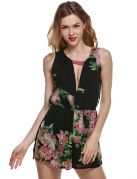 

Black Chiffon Flower Short Summer Cute Overalls Rompers, Multicolor