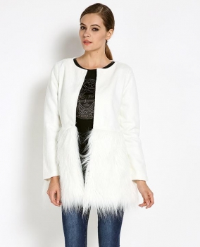 

White Faux Fur wool Blend Hem Stitching Plush Winter Coat, Multicolor