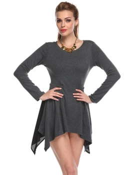 

Dark gray Stylish Lady Women's Long Sleeve O-neck Warm Solid Slim Waist Irregular Mini Casual Dresses, Multicolor