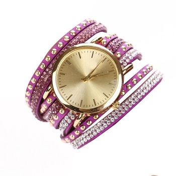 

New Fashion Rhinestone Rivet Circle Belt Synthetic Leather Bracelet Watch Wrist Watch, Purple