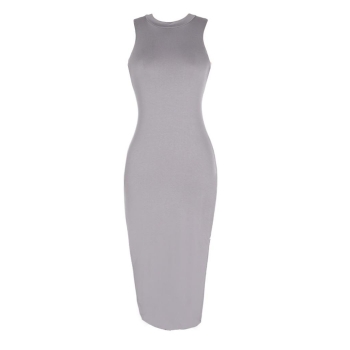 

Gray Stylish Sexy Women's Fashion O-neck Sleeveless Mid-calf Length Solid Party Long Slim Stretch Bodycon Casual Dresses, Multicolor