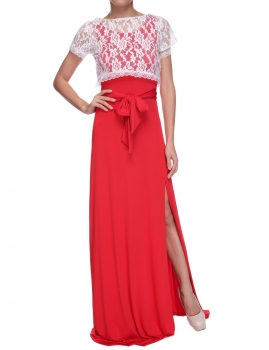 

Red New Women's Ladies Sexy Short Sleeve White Lace Tops + Cocktail Party Prom Slim Fitting Sleeveless Long Gown With Belt Casual Dresses, Multicolor