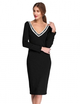 

Black Long Sleeve V-neck Stretch Bodycon Dress, Multicolor