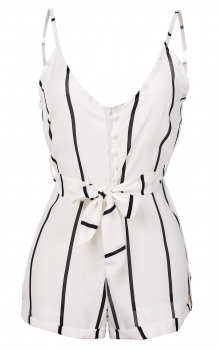 

White Striped Sleeveless Summer V-neck Overall Romper, Multicolor