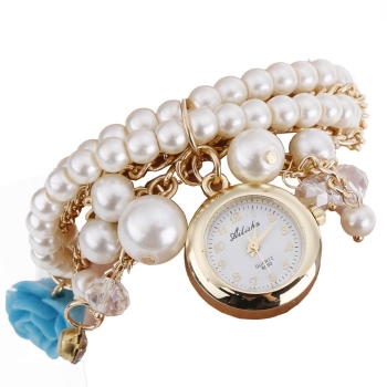 

Hot Sell Women Rose Flower Faux Pearl Round Dial Quartz Bracelet Wrist Watch, Multicolor