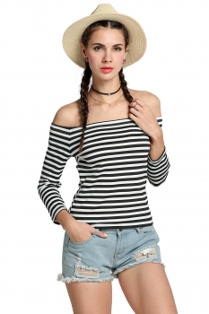 

Black&White Sexy Off the Shoulder Slash Neck Long Sleeve Slim Stretch Tops, Multicolor