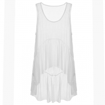 

White Women Casual O-Neck See Through Asymmetrical Hem Ruffles Long Tops Vests Tanks & Camis, Multicolor