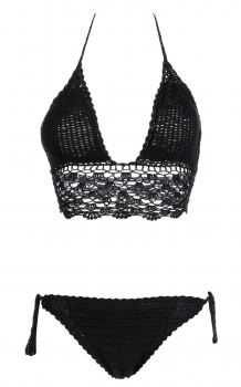 

Black Halter Knit Padded Crochet Bikini Set Swimwear, Multicolor