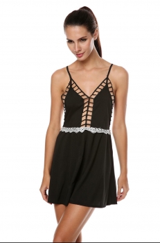 

Black Spaghetti Strap Backless Lace Patchwork Hollow Out Rompers, Multicolor