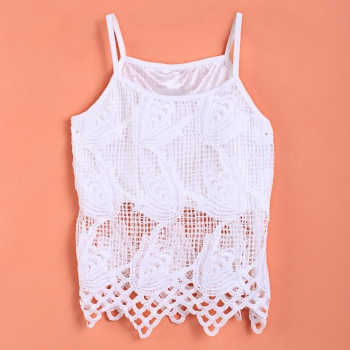 

White Sexy Ladies Women Hollow Out Sleeveless Spaghetti Strap Lace Flower Hem Casual Top Vests Tanks & Camis, Multicolor