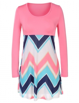 

Pastel pink Women Long Sleeve High Waist Wave Stripe Patchwork Stretch A-Line Short Casual Dresses, Multicolor