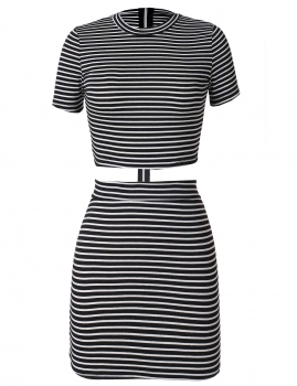 

Black&White O-Neck Short Sleeve Stripe Stretch Dress High Waist Splice Pencil Dress
