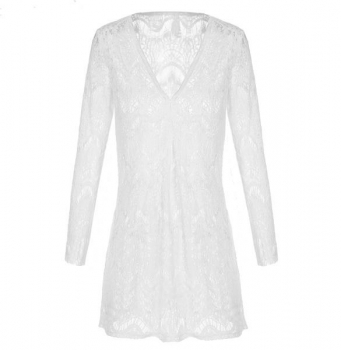 

White Long Sleeve V-neck Hollow Out Mini Cover-up, Multicolor