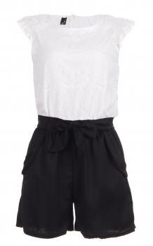 

White Stylish Lady Women Casual New Fashion Cap Sleeve O-neck Elastic Waist Lace Overalls With Belt Dresses Jumpsuits & Rompers, Multicolor