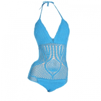 

Blue Sexy Women's Halter Knitting Crochet Hollow Out Padded One Piece Bikini Beach Swimsuit Swimwear, Multicolor