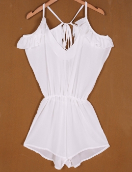 

White Backless Elastic Waist Sleeveless Spaghetti Strap Slim Rompers, Multicolor