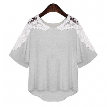 

Gray Stylish Lady Women's Fashion Casual Irregular Lace Short Sleeve Shoulder Hollow Out Tank Tops & Blouses T-Shirts, Multicolor