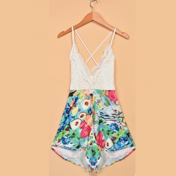 

White Women Fashion Sexy V Neck Sleeveless Backless Elastic High Waist Print Lace Patchwork Short Playsuit Jumpsuits & Rompers, Multicolor