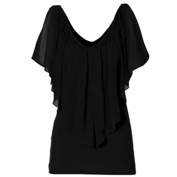 

Black Ruffle Pleated Front Short Sleeve Chiffon Patchwork Slim Blouse, Multicolor